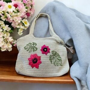 The Sak White Crochet Cream Pink Floral Handbag